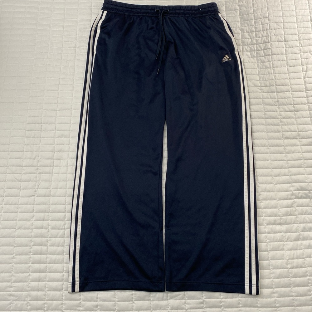 Y2K/2000s style navy and white striped adidas baggy wide leg track pants size XL